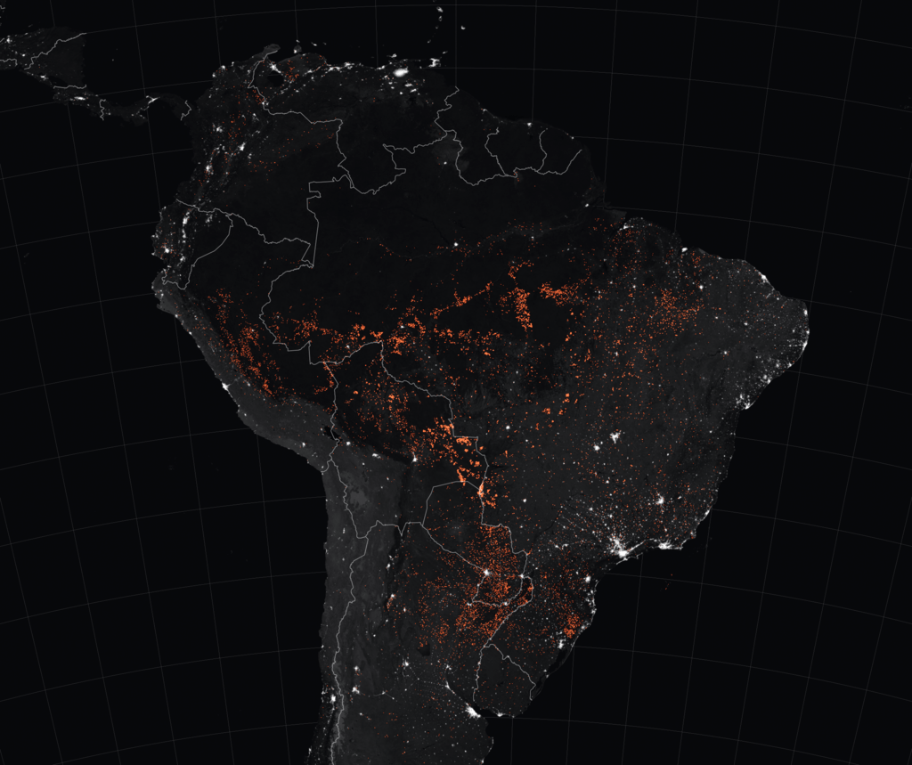A satellite map showing the extent of the Amazon fires in August 2019