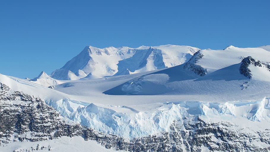 A snowy, mountainous landscape in Antarctica